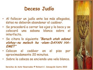 Deceso JudíoSe procede a llamar a los familiares y amigos para que perdonen cualquier falla o agravio que fuera relacionada en vida con el interfecto.Se cubren los espejos de la casa.Entre los presentes se reza el Salmo 23 y 91No se procederá a comer, beber ni fumar en el lugar.