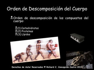 Entre todos los proceso unidos del proceso de descomposición de un cadáver en que su material orgánico como las substancias inorgánicas complejas, todas terminan en unos componentes químicos mas sencillos.Cadáver en DescomposiciónEntre los productos finales encontramos, amonio, sulfato y fosfato de hidrogeno, ácidos sulfúrico y fosfórico, agua, dióxido de carbono, hidrogeno entre otros.