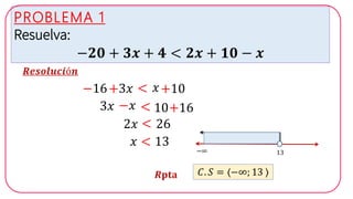 HELICO PRACTICEPROBLEMA 1
Resuelva:
−𝟐𝟎 + 𝟑𝒙 + 𝟒 < 𝟐𝒙 + 𝟏𝟎 − 𝒙
𝑹𝒆𝒔𝒐𝒍𝒖𝒄𝒊ó𝒏
−16
𝐶. 𝑆 = 〈−∞; 13 〉𝑹𝐩𝐭𝐚
13−∞
+3𝑥 < 𝑥+10
3𝑥 −𝑥 < 10+16
2𝑥 < 26
𝑥 < 13
 
