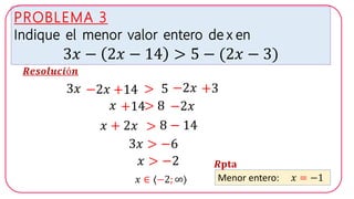 HELICO PRACTICEPROBLEMA 3
Indique el menor valor entero de x en
3𝑥 − 2𝑥 − 14 > 5 − (2𝑥 − 3)
𝑹𝒆𝒔𝒐𝒍𝒖𝒄𝒊ó𝒏
3𝑥 −2𝑥 +14 > 5 −2𝑥 +3
𝑥 >+14 8 −2𝑥
𝑥 + 2𝑥 > 8 − 14
3𝑥 > −6
𝑥 > −2
𝑥 ∈ 〈−2; ∞〉 Menor entero: 𝑥 = −1
𝑹𝐩𝐭𝐚
 