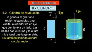 II.- CILINDRO.
II.2.- Cilindro de revolución.
Se genera al girar una
región rectangular, una
vuelta, alrededor de un eje
que contiene a un lado. Las
bases son círculos y la altura
mide igual que la generatriz.
Es también llamado cilindro
circular recto.
Eje
g
r
g
h
r
r
Eje
 