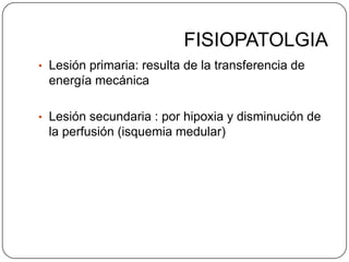 FISIOPATOLGIA
• Lesión primaria: resulta de la transferencia de
 energía mecánica

• Lesión secundaria : por hipoxia y disminución de
 la perfusión (isquemia medular)
 