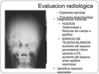 Evaluacion radiológica
        • Columna cervical
        • Columna toracolumbar
      • Diagnosticar fracturas
         • HUESOS
           :Deformidad o
           fracturas de cuerpo o
           apófisis
         • ESPACIO DE
           TEJIDOS BLANDOS:
           aumento del espacio
           prevertebral >5mm
           opuesto a C3,
           aumento del espacio
           entre apófisis
           espinosas
      • Identificar lesiones
        asociadas
 
