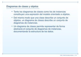 Diagramas de clases y objetos

    • Tanto los diagramas de clases como los de instancias
      constituyen una expresión del modelo orientado a objetos.
    • Del mismo modo que una clase describe un conjunto de
      objetos, un diagrama de clases describe un conjunto de
      diagramas de instancias.
    • Un diagrama de clases permite representar de forma
      abstracta el conjunto de diagramas de instancias,
      documentando la estructura de los datos.




                                                     13019 – Diseño de bases de datos– p. 15/52
 
