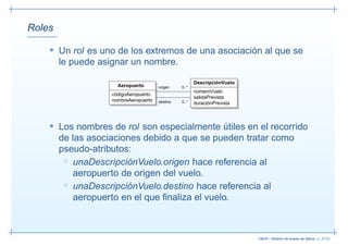 Roles

    • Un rol es uno de los extremos de una asociación al que se
        le puede asignar un nombre.

                                                        DescripciónVuelo
                      Aeropuerto       origen    0..*
                                                        númeroVuelo
                    códigoAeropuerto
                                                        salidaPrevista
                    nombreAeropuerto   destino   0..*   duraciónPrevista



    • Los nombres de rol son especialmente útiles en el recorrido
        de las asociaciones debido a que se pueden tratar como
        pseudo-atributos:
         ◦ unaDescripciónVuelo.origen hace referencia al
            aeropuerto de origen del vuelo.
         ◦ unaDescripciónVuelo.destino hace referencia al
            aeropuerto en el que ﬁnaliza el vuelo.



                                                                           13019 – Diseño de bases de datos– p. 27/52
 
