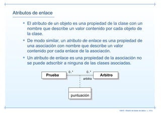 Atributos de enlace

    • El atributo de un objeto es una propiedad de la clase con un
      nombre que describe un valor contenido por cada objeto de
      la clase.
    • De modo similar, un atributo de enlace es una propiedad de
      una asociación con nombre que describe un valor
      contenido por cada enlace de la asociacón.
    • Un atributo de enlace es una propiedad de la asociación no
      se puede adscribir a ninguna de las clases asociadas.
                           0..*      0..*
                Prueba                       Arbitro
                                   arbitra




                            puntuación


                                                       13019 – Diseño de bases de datos– p. 29/52
 