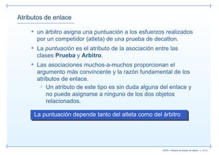 Atributos de enlace

    • un árbitro asigna una puntuación a los esfuerzos realizados
      por un competidor (atleta) de una prueba de decatlon.
    • La puntuación es el atributo de la asociación entre las
      clases Prueba y Arbitro.
    • Las asociaciones muchos-a-muchos proporcionan el
      argumento más convincente y la razón fundamental de los
      atributos de enlace.
       ◦ Un atributo de este tipo es sin duda alguna del enlace y
          no puede asignarse a ninguno de los dos objetos
          relacionados.

     La puntuación depende tanto del atleta como del árbitro




                                                      13019 – Diseño de bases de datos– p. 30/52
 