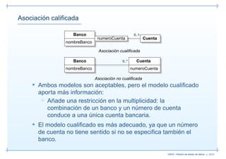 Asociación caliﬁcada

                   Banco                            0..1
                               numeroCuenta                Cuenta
                nombreBanco

                                Asociación cualificada

                   Banco                    0..*     Cuenta
                nombreBanco                        numeroCuenta

                              Asociación no cualificada
    • Ambos modelos son aceptables, pero el modelo cualiﬁcado
      aporta más información:
       ◦ Añade una restricción en la multiplicidad: la
         combinación de un banco y un número de cuenta
         conduce a una única cuenta bancaria.
    • El modelo cualiﬁcado es más adecuado, ya que un número
      de cuenta no tiene sentido si no se especiﬁca también el
      banco.

                                                                    13019 – Diseño de bases de datos– p. 38/52
 