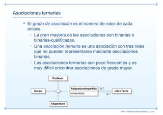 Asociaciones ternarias

    • El grado de asociación es el número de roles de cada
      enlace.
       ◦ La gran mayoría de las asociaciones son binarias o
         binarias-cualiﬁcadas.
       ◦ Una asociación ternaria es una asociación con tres roles
         que no pueden representarse mediante asociaciones
         binarias.
       ◦ Las asociaciones ternarias son poco frecuentes y es
         muy difícil encontrar asociaciones de grado mayor.

                  Profesor


                              AsignaturaImpartida   0..*
         Curso                                                    LibroTexto
                              númeroAula                   0..*


                 Asignatura

                                                                      13019 – Diseño de bases de datos– p. 39/52
 
