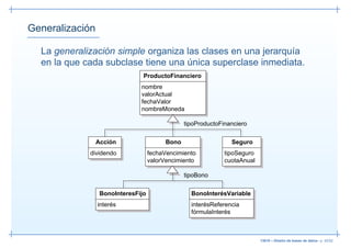 Generalización

  La generalización simple organiza las clases en una jerarquía
  en la que cada subclase tiene una única superclase inmediata.
                                ProductoFinanciero
                               nombre
                               valorActual
                               fechaValor
                               nombreMoneda

                                                 tipoProductoFinanciero


                 Acción                   Bono                   Seguro
             dividendo              fechaVencimiento           tipoSeguro
                                    valorVencimiento           cuotaAnual

                                                 tipoBono

                  BonoInteresFijo                  BonoInterésVariable
                 interés                           interésReferencia
                                                   fórmulaInterés



                                                                            13019 – Diseño de bases de datos– p. 42/52
 