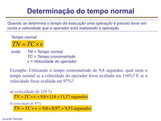 Jurandir Peinado
Determinação do tempo normal
Quando se determina o tempo de execução uma operação é preciso levar em
conta a velocidade que o operador está realizando a operação.
Tempo normal
onde: TN = Tempo normal
TC = Tempo cronometrado
v = Velocidade do operador
v
TC
TN 

Exemplo: Utilizando o tempo cronometrado de 9,8 segundos, qual seria o
tempo normal se a velocidade do operador fosse avaliada em 116%? E se a
velocidade fosse avaliada em 97%?
a) velocidade de 116 %
segundos
v
TC
TN 37
,
11
16
,
1
8
,
9 




b) velocidade de 97%
segundos
v
TC
TN 51
,
9
97
,
0
8
,
9 




 