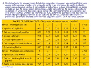 Jurandir Peinado
5. Um trabalhador de uma empresa de brindes comerciais coloca em uma caixa plástica: uma
caneta esferográfica, um chaveiro, um porta-cartão e um prendedor de papéis lembrete.
Assim que cada caixa plástica é completada, o trabalhador fecha a caixa plástica e a deixa
de lado até que 10 caixas sejam completadas. Após completar as 10 caixas, o trabalhador
as coloca em uma caixa de papelão para transporte e armazenamento. Considerando que
esta empresa utiliza um fator de tolerância de 12%, determine quantas caixas de papelão o
trabalhador pode produzir em um dia de trabalho de 8 horas. A folha de observações
preenchida pelo crono analista apresentou os seguintes dados: (R. ≈ 45 caixas por dia)
FOLHA DE OBSERVAÇÕES – Tempos em minutos no sistema centesimal
Tarefas – Montagem dos kits 1 2 3 4 5 v (%)
1. Apanha caixa plástica 0,11 0,12 0,11 0,10 0,11 98
2. Coloca a caneta esferográfica 0,22 0,23 0,19 0,19 0,21 92
3. Coloca o chaveiro 0,18 0,19 0,20 0,18 0,19 100
4. Coloca o porta cartões 0,14 0,13 0,12 0,11 0,13 105
5. Coloca o prendedor de lembretes 0,15 0,13 0,15 0,14 0,13 102
6. fecha caixa plástica 0,09 0,08 0,08 0,07 0,09 95
Tarefas – Montagem das embalagens 1 2 3 4 5 v (%)
1. Apanha caixa de papelão 0,13 0,13 0,12 0,11 0,12 100
2. Coloca 10 caixas plásticas na de
papelão
0,59 0,63 0,61 0,64 0,62 100
3. Fecha caixa papelão e põe de lado 0,29 0,33 0,34 0,31 0,32 110
 
