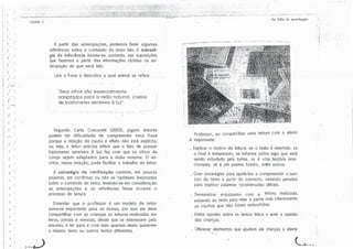 1
1
1
i:_J
r(:' )
.--i
1 1
(
(
1
, l
( .
,· )
( .
•'
!
l
C<ipítulo 2
'.: ' '
e••�
··• � ...�·.-�:�� .:,�·:·:-r.:..��)> .
:/j;::',�)·•,t:.t-t���:.-;:"f)�./,: ';r;:r-'}�fft·.:�;;.:.;;:.::::-.-..._,____-...�----'""..,...::____
._________..-------·-----
A partir das antecipações, podemos fazer algumas
inferências sobre o conteúdo do texto lido. A estraté­
gia de inferência baseia-se, portanto, nas suposições
que fazemos a partir das informações obtidas na an­
tecipação do que será lido.
Leia a frase e descubra a qual animal se refere.
"Seus olhos são especialmente
adaptados para a visão noturno, cheios
de bastonetes sensíveis à luz".
Segundo Carla Coscarelli (2003), alguns leitores
podem ter dificuldade de compreender essa frase
porque a relação de causa e efeito não está explícita,
ou seja, o leitor precisa inferir que o fato de possuir
bastonetes sensíveis à luz faz com que os olhos da
coruja sejam adaptados para a visão noturna. O es­
critor, nessa relação, pode facilitar o trabalho do leitor.
A estratégia de verificação consiste, em poucas
palavras, em confirmar ou não as hipóteses levantadas
sobre o conteúdo do texto, levando-se em consideração
as antecipações e as inferências feitas durante o
processo de leitura.
Entender que o professor é um modelo de leitor
torna-se importante para os alunos, por isso ele deve
compartilhar com as crianças as leituras realizadas em
livros, jornais e revistas, desde que se interessem pelo
assunto, e ler para e com elas quantas vezes quiserem
o mesmo texto ou outros textos diferentes.
Na trilha da aprendizagem
•rfó·_..,. -
� .... _,_,�···· ---·----·······•.•,.,--.-
��"
rf-.���
/
:'-,:,?
"
f,}t;
": -�
.:::;­
....;::,
Jl"ii
Professor, ao compartilhar uma leitura. com o aluno
é importante:
Explicar o motivo da leitura: se o texto é divertido, se
o final é inesperado, se informa sobre algo que está
sendo estudado pela turma, se é uma história emo­
cionante, se é um poema bonito, entre outros.
Criar estratégias para ajudá-los a compreender o sen­
tido do te�io a pãrtir do contexto, evitando paradas
para explicar palavras consideradas difíceis.
Demonstrar entusiasmo corn a leitura realizada,
voltando ao texto para reler a parte mais interessante,
os trechos que não foram entendidos.
Emitir opinião sobre os textos lidos e ouvir a opinião
das crianças.
Oferecer e!ernentos que ajudem as crianças a identi-
L...
 