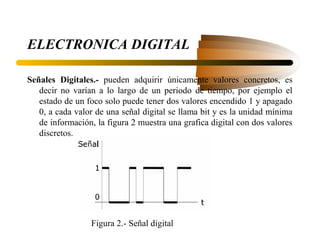 ELECTRONICA DIGITAL

Señales Digitales.- pueden adquirir únicamente valores concretos, es
   decir no varían a lo largo de un periodo de tiempo, por ejemplo el
   estado de un foco solo puede tener dos valores encendido 1 y apagado
   0, a cada valor de una señal digital se llama bit y es la unidad mínima
   de información, la figura 2 muestra una grafica digital con dos valores
   discretos.




                 Figura 2.- Señal digital
 