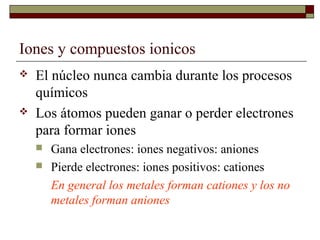 Iones y compuestos ionicos
 El núcleo nunca cambia durante los procesos
químicos
 Los átomos pueden ganar o perder electrones
para formar iones
 Gana electrones: iones negativos: aniones
 Pierde electrones: iones positivos: cationes
En general los metales forman cationes y los no
metales forman aniones
 