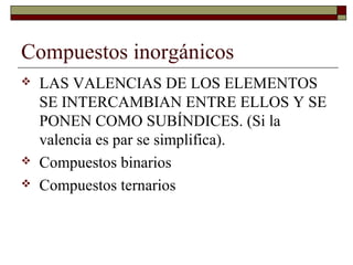 Compuestos inorgánicos
 LAS VALENCIAS DE LOS ELEMENTOS
SE INTERCAMBIAN ENTRE ELLOS Y SE
PONEN COMO SUBÍNDICES. (Si la
valencia es par se simplifica).
 Compuestos binarios
 Compuestos ternarios
 