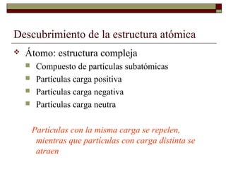 Descubrimiento de la estructura atómica
 Átomo: estructura compleja
 Compuesto de partículas subatómicas
 Partículas carga positiva
 Partículas carga negativa
 Partículas carga neutra
Partículas con la misma carga se repelen,
mientras que partículas con carga distinta se
atraen
 