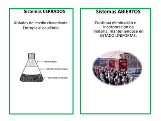 5.- Sistemas CERRADOS
Aislados del medio circundante.
Entropía al equilibrio.

5.- Sistemas

ABIERTOS

Continua eliminación e
incorporación de
materia, manteniéndose en
ESTADO UNIFORME.

 