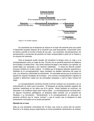 Creencia Central
Soy Incompetente
Creencia Intermedia
Si no comprendo algo a la perfección, soy un tonto
Situación Pensamientos Automáticos Reacciones
Lectura de este libro Es demasiado difícil Emocional
Malestar
Comportamiento
Cerrar el libro
Fisiológica
Dolor de abdomen
Figura 2.1 El modelo cognitivo
Es importante que el terapeuta se ubique en el lugar del paciente para que pueda
sí desarrollar empatía respecto de la situación que está atravesando, comprender cómo
se siente y percibir el mundo a través de sus ojos. Las conductas, las percepciones, los
pensamientos y emociones del paciente se harán comprensibles a partir de su historia y
su conjunto de creencias.
Para el terapeuta puede resultar útil considerar la terapia como un viaje y a la
conceptualización como un mapa de ruta. El junto con su paciente examinan los objetivos
de la terapia, el destino final. Hay varias maneras de llegar a ese destino: por ejemplo, se
puede llegar por autopistas o por caminos colaterales. A veces los desvíos pueden
provocar cambios en el plan original. A medida que el terapeuta adquiere experiencia y
habilidad en la conceptualización, logra completar los detalles relevantes del mapa de
ruta, y su eficiencia y efectividad se acrecientan. Es razonable pensar que al comienzo no
logrará los mejores resultados de la terapia. Una correcta conceptualización cognitiva lo
ayudará a determinar cuáles son las principales autopistas y cuál la mejor manera de
viajar.
La conceptualización comienza durante el primer contacto con el paciente y se va
profundizando en cada nuevo encuentro. El terapeuta se plantea hipótesis respecto del
paciente, basándose en los datos que él le aporta. Estas hipótesis se confirman, se
descartan o se modifican según esos nuevos datos. La conceptualización es fluida pero,
en algunos momentos estratégicos, el terapeuta debe controlar con el paciente las
hipótesis y su formulación. Generalmente, si la conceptualización es adecuada, el
paciente confirma que le “suena correcto” y que el cuadro que el terapeuta le está
presentando concuerda con su propia percepción.
Ejemplo de un caso
Sally es una estudiante universitaria de 18 años, que cursa su primer año de carrera.
Recurrió a la terapia porque experimenta en forma persistente sentimientos de tristeza,
 