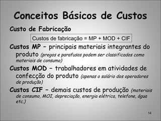 Conceitos Básicos de Custos
Custo de Fabricação
Custos MP – principais materiais integrantes do
produto (pregos e parafusos podem ser classificados como
materiais de consumo)
Custos MOD – trabalhadores em atividades de
confecção do produto (apenas o salário dos operadores
de produção)
Custos CIF – demais custos de produção (materiais
de consumo, MOI, depreciação, energia elétrica, telefone, água
etc.)
14
Custos de fabricação = MP + MOD + CIF
 