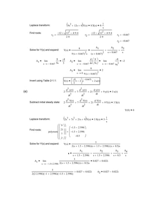 A2 0.027 0.022i−=
3
2 2 2.598i⋅( ) 1− 2.598i+( ) 1.5− 2.598i+( )
0.027 0.022i+=
A1
1.5− 2.598i+s
3
2 s 1.5+ 2.598i+( ) s 0.5+( )s
0.027 0.022i+=lim
→
=
A1
s 1.5+ 2.598i−
A2
s 1.5+ 2.598i+
+
A3
s 0.5+
+
A4
s
+=
Y s( )
3
2 s 1.5+ 2.598i−( ) s 1.5+ 2.598i+( ) s 0.5+( )s
=Solve for Y(s) and expand:
polyroots
9
21
7
2



















1.5− 2.598i−
1.5− 2.598i+
0.5−






=
Find roots:
2s
3
7s
2
+ 21s+ 9+( )Y s( ) 3 X s( )= 3
1
s
⋅=Laplace transform:
Y 0( ) 0=
2
d
3
Y t( )⋅
dt
3
⋅ 7
d
2
Y t( )⋅
dt
2
⋅+ 21
d Y t( )⋅
dt
⋅+ 9 Y t( )+ 3 X t( )=Subtract initial steady state:
2
d
3
y t( )⋅
dt
3
⋅ 7
d
2
y t( )⋅
dt
2
⋅+ 21
d y t( )⋅
dt
⋅+ 9 y t( )+ 3 x t( )=(e)
Y t( )
4−
3
t 2−




e
0.667− t
2 u t( )+=Invert using Table 2-1.1:
A3
0s
8
9 s 0.667+( )
2
2=lim
→
=
A2
0.667−s
d
ds
8
9s




 0.667−s
8−
9s
2
2−=lim
→
=lim
→
=A1
0.667−s
8
9s
4−
3
=lim
→
=
Y s( )
8
9 s 0.667+( )
2
s
=
A1
s 0.667+( )
2
A2
s 0.667+
+
A3
s
+=Solve for Y(s) and expand:
r2 0.667−=
r1 0.667−=r2
12− 12
2
4 9⋅ 4⋅−−
2 9⋅
:=r1
12− 12
2
4 9⋅ 4⋅−+
2 9⋅
:=
Find roots:
9s
2
12s+ 4+( )Y s( ) 8 X s( )= 8
1
s
⋅=Laplace transform:
 