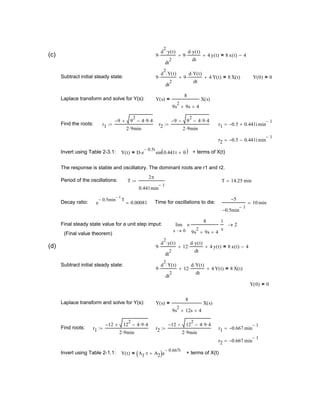 Time for oscillations to die:
5−
0.5− min
1−
10 min=
Final steady state value for a unit step imput:
0s
s
8
9s
2
9s+ 4+
⋅
1
s
lim
→
2→
(Final value theorem)
(d) 9
d
2
y t( )⋅
dt
2
⋅ 12
d y t( )⋅
dt
⋅+ 4 y t( )+ 8 x t( ) 4−=
Subtract initial steady state:
9
d
2
Y t( )⋅
dt
2
⋅ 12
d Y t( )⋅
dt
⋅+ 4 Y t( )+ 8 X t( )=
Y 0( ) 0=
Laplace transform and solve for Y(s): Y s( )
8
9s
2
12s+ 4+
X s( )=
Find roots: r1
12− 12
2
4 9⋅ 4⋅−+
2 9⋅ min
:= r2
12− 12
2
4 9⋅ 4⋅−−
2 9⋅ min
:= r1 0.667− min
1−
=
r2 0.667− min
1−
=
Invert using Table 2-1.1: Y t( ) A1 t⋅ A2+( )e
0.667− t
= + terms of X(t)
(c) 9
d
2
y t( )⋅
dt
2
⋅ 9
d y t( )⋅
dt
⋅+ 4 y t( )+ 8 x t( ) 4−=
Subtract initial steady state: 9
d
2
Y t( )⋅
dt
2
⋅ 9
d Y t( )⋅
dt
⋅+ 4 Y t( )+ 8 X t( )= Y 0( ) 0=
Laplace transform and solve for Y(s): Y s( )
8
9s
2
9s+ 4+
X s( )=
Find the roots: r1
9− 9
2
4 9⋅ 4⋅−+
2 9⋅ min
:= r2
9− 9
2
4 9⋅ 4⋅−−
2 9⋅ min
:= r1 0.5− 0.441i+ min
1−
=
r2 0.5− 0.441i− min
1−
=
Invert using Table 2-3.1: Y t( ) D e
0.5− t
⋅ sin 0.441t θ+( )= + terms of X(t)
The response is stable and oscillatory. The dominant roots are r1 and r2.
Period of the oscillations: T
2π
0.441min
1−
:= T 14.25 min=
Decay ratio: e
0.5− min
1−
T
0.00081=
 