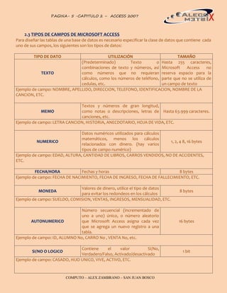 PAGINA- 5 -CAPITULO 2 – ACCESS 2007                                                   5




    2.3 TIPOS DE CAMPOS DE MICROSOFT ACCESS
Para diseñar las tablas de una base de datos es necesario especificar la clase de datos que contiene cada
uno de sus campos, los siguientes son los tipos de datos:

         TIPO DE DATO                       UTILIZACIÓN                       TAMAÑO
                              (Predeterminado)        Texto        o Hasta 255 caracteres,
                              combinaciones de texto y números, así Microsoft     Access      no
             TEXTO            como números que no requieran reserva espacio para la
                              cálculos, como los números de teléfono, parte que no se utiliza de
                              cedulas, etc.                           un campo de texto
Ejemplo de campo: NOMBRE, APELLIDO, DIRECCION, TELEFONO, IDENTIFICACION, NOMBRE DE LA
CANCION, ETC.

                              Textos y números de gran longitud,
             MEMO             como notas o descripciones, letras de Hasta 63.999 caracteres.
                              canciones, etc.
Ejemplo de campo: LETRA CANCION, HISTORIA, ANECDOTARIO, HOJA DE VIDA, ETC.

                               Datos numéricos utilizados para cálculos
                               matemáticos, menos los cálculos
          NUMERICO                                                      1, 2, 4 8, 16 bytes
                               relacionados con dinero. (hay varios
                               tipos de campo numérico)
Ejemplo de campo: EDAD, ALTURA, CANTIDAD DE LIBROS, CARROS VENDIDOS, NO DE ACCIDENTES,
ETC.

         FECHA/HORA            Fechas y horas                               8 bytes
Ejemplo de campo: FECHA DE NACIMIENTO, FECHA DE INGRESO, FECHA DE FALLECIMIENTO, ETC.

                              Valores de dinero, utilice el tipo de datos
            MONEDA                                                                      8 bytes
                              para evitar los redondeos en los cálculos
Ejemplo de campo: SUELDO, COMISION, VENTAS, INGRESOS, MENSUALIDAD, ETC.

                               Número secuencial (incrementado de
                               uno a uno) único, o número aleatorio
       AUTONUMERICO            que Microsoft Access asigna cada vez                    16 bytes
                               que se agrega un nuevo registro a una
                               tabla.
Ejemplo de campo: ID, ALUMNO No, CARRO No , VENTA No, etc.

                               Contiene      el    valor         SI/No,
        SI/NO O LOGICO                                                                   1 bit
                               Verdadero/Falso, Activado/desactivado
Ejemplo de campo: CASADO, HIJO UNICO, VIVE, ACTIVO, ETC.



                          COMPUTO – ALEX ZAMBRANO – SAN JUAN BOSCO
 