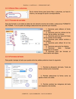 PAGINA- 5 -CAPITULO 2 – POWER POINT 2007 -                             5

2.2.1.6 Borrar filas o columnas.

                                   De la misma forma para borrar filas o columnas, se hace lo
                                   mismo y se escoge la opción correspondiente.



2.2.1.7 Formato de una tabla

Para dar formato a una tabla se debe dar clic derecho encima de la tabla y seleccionar FORMATO
DE FORMA. Y en el cuadro de dialogo seleccionar las opciones que necesite.

                                                             1. Opciones para rellenar el fondo
                                                         de la tabla.
                                                             2. Opciones para los colores de los
                                                         bordes de las tablas, las líneas.
                                                             3. Opciones para los tipos de líneas
                                                         de los bordes de las tablas.
                                                             4. Opciones para utilizar sombra a
                                                         los objetos.
                                                             5. Opciones para utilizar 3d en los
                                                         objetos.
                                                             6. Opciones para girar los objetos.
                                                             7. Opciones        para       manejar
                                                         imágenes en el objeto.
                                                             8. Opciones para dar formato al
                                                         texto dentro del objeto.

2.2.1.8 Formatos del texto

Para poder manejar el texto que queda entre las celdas podemos hacer lo siguiente:



                                                    1. Permite la alineación del texto. Tanto de
                                                 forma vertical como horizontal.



                                                    2. Permite seleccionar la forma como se
                                                 ajusta e texto a la celda.



                                                    3. Permite cambiar las márgenes del texto
                                                 con respecto a los bordes.




                        COMPUTO – ALEX ZAMBRANO – SAN JUAN BOSCO
 