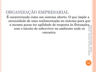 ORGANIZAÇÃO EMPRESARIAL
É caracterizada como um sistema aberto. O que impõe a
 necessidade de uma realimentação no sistema para que
  a mesma possa ter agilidade de resposta às flutuações




                                                     Saraiva - Emerson de Oliveira Batista
                                                     Sistemas de Informação - Editora
     com o intuito de sobreviver no ambiente onde se
                         encontra.




                                                    12
 