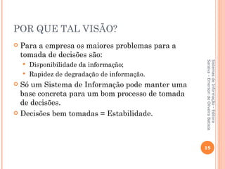 POR QUE TAL VISÃO?
   Para a empresa os maiores problemas para a
    tomada de decisões são:




                                                 Saraiva - Emerson de Oliveira Batista
                                                 Sistemas de Informação - Editora
     Disponibilidade da informação;
     Rapidez de degradação de informação.
 Só um Sistema de Informação pode manter uma
  base concreta para um bom processo de tomada
  de decisões.
 Decisões bem tomadas = Estabilidade.




                                                 15
 