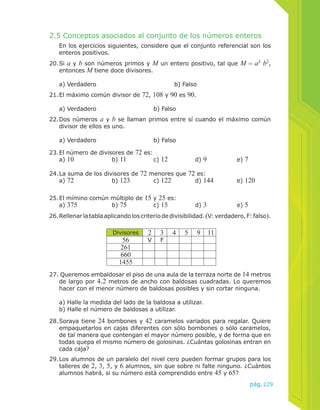 2.5 Conceptos asociados al conjunto de los números enteros 
En los ejercicios siguientes, considere que el conjunto referencial son los 
enteros positivos. 
20. Si a y b son números primos y M un entero positivo, tal que M = a3 b2, 
pág.229 
entonces M tiene doce divisores. 
a) Verdadero b) Falso 
21. El máximo común divisor de 72, 108 y 90 es 90. 
a) Verdadero b) Falso 
22. Dos números a y b se llaman primos entre sí cuando el máximo común 
divisor de ellos es uno. 
a) Verdadero b) Falso 
23. El número de divisores de 72 es: 
a) 10 b) 11 c) 12 d) 9 e) 7 
24. La suma de los divisores de 72 menores que 72 es: 
a) 72 b) 123 c) 122 d) 144 e) 120 
25. El mímino común múltiplo de 15 y 25 es: 
a) 375 b) 75 c) 15 d) 3 e) 5 
26. Rellenar la tabla aplicando los criterio de divisibilidad. (V: verdadero, F: falso). 
Divisores 2 3 4 5 9 11 
56 V F 
261 
660 
1455 
27. Queremos embaldosar el piso de una aula de la terraza norte de 14 metros 
de largo por 4.2 metros de ancho con baldosas cuadradas. Lo queremos 
hacer con el menor número de baldosas posibles y sin cortar ninguna. 
a) Halle la medida del lado de la baldosa a utilizar. 
b) Halle el número de baldosas a utilizar. 
28. Soraya tiene 24 bombones y 42 caramelos variados para regalar. Quiere 
empaquetarlos en cajas diferentes con sólo bombones o sólo caramelos, 
de tal manera que contengan el mayor número posible, y de forma que en 
todas quepa el mismo número de golosinas. ¿Cuántas golosinas entran en 
cada caja? 
29. Los alumnos de un paralelo del nivel cero pueden formar grupos para los 
talleres de 2, 3, 5, y 6 alumnos, sin que sobre ni falte ninguno. ¿Cuántos 
alumnos habrá, si su número está comprendido entre 45 y 65? 
 
