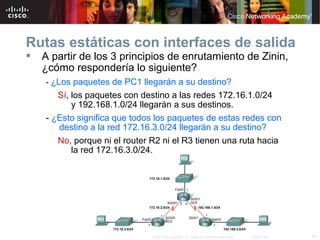 Rutas estáticas con interfaces de salida
   A partir de los 3 principios de enrutamiento de Zinin,
    ¿cómo respondería lo siguiente?
    - ¿Los paquetes de PC1 llegarán a su destino?
       Sí, los paquetes con destino a las redes 172.16.1.0/24
           y 192.168.1.0/24 llegarán a sus destinos.
    - ¿Esto significa que todos los paquetes de estas redes con
       destino a la red 172.16.3.0/24 llegarán a su destino?
       No, porque ni el router R2 ni el R3 tienen una ruta hacia
           la red 172.16.3.0/24.




                              © 2007 Cisco Systems, Inc. Todos los derechos reservados.   Cisco Public   24
 