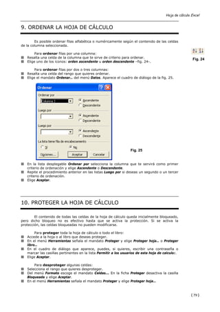Hoja de cálculo Excel


9. ORDENAR LA HOJA DE CÁLCULO

        Es posible ordenar filas alfabética o numéricamente según el contenido de las celdas
de la columna seleccionada.

        Para ordenar filas por una columna:
   Resalta una celda de la columna que te sirve de criterio para ordenar.                               Fig. 24
   Elige uno de los iconos: orden ascendente u orden descendente –fig. 24-.

        Para ordenar filas por dos o tres columnas:
   Resalta una celda del rango que quieres ordenar.
   Elige el mandato Ordenar… del menú Datos. Aparece el cuadro de diálogo de la fig. 25.




                                                                  Fig. 25


   En la lista desplegable Ordenar por selecciona la columna que te servirá como primer
   criterio de ordenación y elige Ascendente o Descendente.
   Repite el procedimiento anterior en las listas Luego por si deseas un segundo o un tercer
   criterio de ordenación.
   Elige Aceptar.




10. PROTEGER LA HOJA DE CÁLCULO

        El contenido de todas las celdas de la hoja de cálculo queda inicialmente bloqueado,
pero dicho bloqueo no es efectivo hasta que se activa la protección. Si se activa la
protección, las celdas bloqueadas no pueden modificarse.

        Para proteger toda la hoja de cálculo o todo el libro:
   Accede a la hoja o al libro que deseas proteger.
   En el menú Herramientas señala el mandato Proteger y elige Proteger hoja… o Proteger
   libro…
   En el cuadro de diálogo que aparece, puedes, si quieres, escribir una contraseña o
   marcar las casillas pertinentes en la lista Permitir a los usuarios de esta hoja de calculo:.
   Elige Aceptar.

       Para desproteger algunas celdas:
   Selecciona el rango que quieres desproteger.
   Del menú Formato escoge el mandato Celdas... En la ficha Proteger desactiva la casilla
   Bloqueada y elige Aceptar.
   En el menú Herramientas señala el mandato Proteger y elige Proteger hoja…



                                                                                                       { 79 }
 