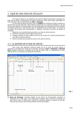 Hoja de cálculo Excel




1. ¿QUÉ ES UNA HOJA DE CÁLCULO?

        Una hoja de cálculo es un programa que permite realizar operaciones complejas con
todo tipo de datos, singularmente con datos numéricos. Estos datos están organizados en
forma de tabla, esto es, distribuidos en filas y columnas.
        En una hoja de cálculo se suele crear un modelo que contiene los datos numéricos y
las fórmulas que los relacionan. Este modelo se almacena en un soporte magnético y, de una
manera muy sencilla, se puede utilizar en una amplia gama de situaciones. Un buen ejemplo
de modelo puede ser el que permite hacer la declaración de la renta (IRPF), en el que se
introducen los números que correspondan y, mediante «sencillas» fórmulas, se obtiene el
resultado.
        Respecto a sus características generales, una hoja de cálculo permite:
       Recalcular resultados variando algunos parámetros.
       Perseguir objetivos, es decir, obtener cuál ha de ser el valor de un determinado parámetro
       para lograr el objetivo deseado.
       Obtener representaciones gráficas a partir de los datos numéricos.


1.1. La pantalla de la hoja de cálculo
        Para iniciar esta aplicación hacemos doble clic en el icono de acceso directo o
activamos el programa por medio de la siguiente secuencia: Inicio > Programas > Microsoft
Excel. Aparece, entonces, la pantalla de la hoja de cálculo (fig. 1); distinguimos en ella,
además de los ya conocidos, los siguientes elementos:




                                                 Barra de menús

                                   Barras de
              Celda activa         herramienta                    Barra de fórmulas
                                   s

           Etiquetas de filas y
           de columnas




           Pestañas de las hojas
                                                                                                       Fig. 1



   Barra de fórmulas. Colocada debajo de las barras de herramientas, presenta el
   contenido de la celda activa. Una celda puede contener texto, números o fórmulas. En
   este último caso, la celda activa muestra el resultado obtenido al aplicar la fórmula,
   mientras que la barra de fórmulas presenta la fórmula utilizada.




                                                                                                        { 55 }
 