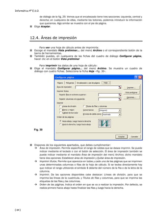 Informática 4º E.S.O.

                        de diálogo de la fig. 29. Vemos que el encabezado tiene tres secciones: izquierda, central y
                        derecha; en cualquiera de ellas, mediante los botones, podemos introducir la información
                        que queramos. Algo similar se muestra con el pie de página.
                Elige Aceptar.



            12.4. Áreas de impresión

                    Para ver una hoja de cálculo antes de imprimirla:
                Escoge el mandato Vista preliminar... del menú Archivo o el correspondiente botón de la
                barra de herramientas.
                También puedes, en cualquiera de las fichas del cuadro de diálogo Configurar página,
                hacer clic en el botón Vista preliminar

                     Para imprimir los datos de una hoja de cálculo:
                Elige el mandato Configurar página... del menú Archivo. Se muestra un cuadro de
                diálogo con cuatro fichas. Selecciona la ficha Hoja –fig. 30-.




                Fig. 30




                Dispones de los siguientes apartados, que debes cumplimentar:
                        Área de impresión. Permite especificar el rango de celdas que se desea imprimir. Se puede
                        indicar mediante el teclado o con el botón de selección. El área de impresión también se
                        puede indicar mediante el mandato Área de impresión del menú Archivo; dicho mandato
                        tiene dos opciones: Establecer área de impresión y Quitar área de impresión.
                        Imprimir títulos. Permite que aparezca en todas y cada una de las páginas que se imprimen
                        unas determinadas columnas o filas de la hoja de cálculo. Si se teclea directamente hay
                        que indicar el rango utilizando el símbolo $ delante del número de la fila o de la letra de la
                        columna.
                        Imprimir. De las opciones disponibles cabe destacar: Líneas de división, para que se
                        imprima las líneas de la cuadrícula, y Títulos de filas y columnas, para que se imprima las
                        etiquetas de las filas y las columnas.
                        Orden de las páginas. Indica el orden en que se va a realizar la impresión. Por defecto, se
                        realiza primero hacia abajo hasta finalizar las filas y luego hacia la derecha.




{ 84 }
 
