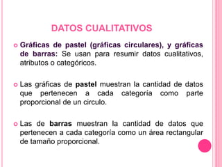 DATOS CUALITATIVOS
 Gráficas de pastel (gráficas circulares), y gráficas
de barras: Se usan para resumir datos cualitativos,
atributos o categóricos.
 Las gráficas de pastel muestran la cantidad de datos
que pertenecen a cada categoría como parte
proporcional de un circulo.
 Las de barras muestran la cantidad de datos que
pertenecen a cada categoría como un área rectangular
de tamaño proporcional.
 