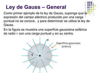 Ley de Gauss – General
Como primer ejemplo de la ley de Gauss, suponga que la
expresión del campo eléctrico producido por una carga
puntual no se conoce, y para determinar se utiliza la ley de
Gauss.
En la figura se muestra una superficie gaussiana esférica
de radio 𝑟 con una carga puntual 𝑞 en su centro.
 
