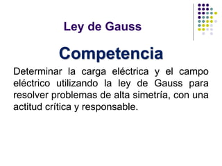 Ley de Gauss
Competencia
Determinar la carga eléctrica y el campo
eléctrico utilizando la ley de Gauss para
resolver problemas de alta simetría, con una
actitud crítica y responsable.
 