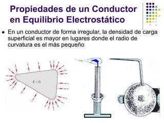 Propiedades de un Conductor
en Equilibrio Electrostático
⚫ En un conductor de forma irregular, la densidad de carga
superficial es mayor en lugares donde el radio de
curvatura es el más pequeño
 