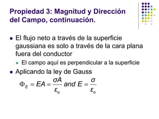 Propiedad 3: Magnitud y Dirección
del Campo, continuación.
⚫ El flujo neto a través de la superficie
gaussiana es solo a través de la cara plana
fuera del conductor
⚫ El campo aquí es perpendicular a la superficie
⚫ Aplicando la ley de Gauss
E
o o
σA σ
EA and E
ε ε
 = = =
 