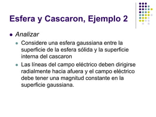 Esfera y Cascaron, Ejemplo 2
⚫ Analizar
⚫ Considere una esfera gaussiana entre la
superficie de la esfera sólida y la superficie
interna del cascaron
⚫ Las líneas del campo eléctrico deben dirigirse
radialmente hacia afuera y el campo eléctrico
debe tener una magnitud constante en la
superficie gaussiana.
 