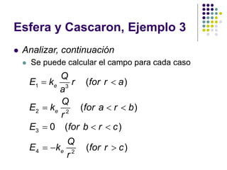 Esfera y Cascaron, Ejemplo 3
⚫ Analizar, continuación
⚫ Se puede calcular el campo para cada caso
1 3
2 2
3
4 2
( )
( )
0 ( )
( )
e
e
e
Q
E k r for r a
a
Q
E k for a r b
r
E for b r c
Q
E k for r c
r
= 
=  
=  
= − 
 
