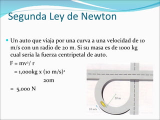 Segunda Ley de Newton Un auto que viaja por una curva a una velocidad de 10 m/s con un radio de 20 m. Si su masa es de 1000 kg cual seria la fuerza centripetal de auto. F = mv 2 / r  = 1,000kg x (10 m/s) 2   20m =  5,000 N 