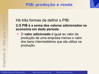 Capítulo
2:
Um
giro
pelo
livro
© 2006 Pearson Education Macroeconomia, 4/e Olivier Blanchard
PIB: produção e renda
Há três formas de definir o PIB:
2.O PIB é a soma dos valores adicionados na
economia em dado período.
 O valor adicionado é igual ao valor da
produção de uma empresa menos o valor
dos bens intermediários que ela utiliza na
produção.
 
