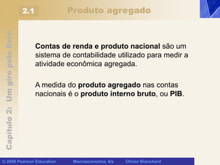 Capítulo
2:
Um
giro
pelo
livro
© 2006 Pearson Education Macroeconomia, 4/e Olivier Blanchard
Produto agregado
Contas de renda e produto nacional são um
sistema de contabilidade utilizado para medir a
atividade econômica agregada.
A medida do produto agregado nas contas
nacionais é o produto interno bruto, ou PIB.
2.1
 