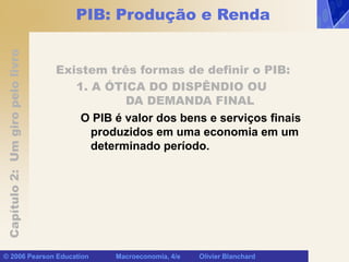 Capítulo
2:
Um
giro
pelo
livro
© 2006 Pearson Education Macroeconomia, 4/e Olivier Blanchard
PIB: Produção e Renda
Existem três formas de definir o PIB:
1. A ÓTICA DO DISPÊNDIO OU
DA DEMANDA FINAL
O PIB é valor dos bens e serviços finais
produzidos em uma economia em um
determinado período.
 