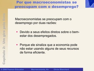 Capítulo
2:
Um
giro
pelo
livro
© 2006 Pearson Education Macroeconomia, 4/e Olivier Blanchard
Por que macroeconomistas se
preocupam com o desemprego?
Macroeconomistas se preocupam com o
desemprego por duas razões:
 Devido a seus efeitos diretos sobre o bem-
estar dos desempregados.
 Porque ele sinaliza que a economia pode
não estar usando alguns de seus recursos
de forma eficiente.
 
