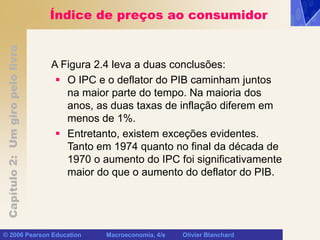 Capítulo
2:
Um
giro
pelo
livro
© 2006 Pearson Education Macroeconomia, 4/e Olivier Blanchard
Índice de preços ao consumidor
A Figura 2.4 leva a duas conclusões:
 O IPC e o deflator do PIB caminham juntos
na maior parte do tempo. Na maioria dos
anos, as duas taxas de inflação diferem em
menos de 1%.
 Entretanto, existem exceções evidentes.
Tanto em 1974 quanto no final da década de
1970 o aumento do IPC foi significativamente
maior do que o aumento do deflator do PIB.
 
