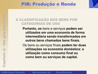 Capítulo
2:
Um
giro
pelo
livro
© 2006 Pearson Education Macroeconomia, 4/e Olivier Blanchard
PIB: Produção e Renda
A CLASSIFICAÇÃO DOS BENS POR
CATEGORIAS DE USO
Portanto, os bens e serviços podem ser
utilizados em uma economia de forma
intermediária sendo transformados em
outros bens chamados bens finais.
Os bens ou serviços finais podem ter duas
utilizações na economia doméstica: a
utilização como consumo final ou
como bem ou serviços de capital.
 