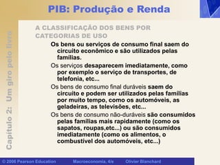 Capítulo
2:
Um
giro
pelo
livro
© 2006 Pearson Education Macroeconomia, 4/e Olivier Blanchard
PIB: Produção e Renda
A CLASSIFICAÇÃO DOS BENS POR
CATEGORIAS DE USO
Os bens ou serviços de consumo final saem do
circuito econômico e são utilizados pelas
famílias.
Os serviços desaparecem imediatamente, como
por exemplo o serviço de transportes, de
telefonia, etc...
Os bens de consumo final duráveis saem do
circuito e podem ser utilizados pelas famílias
por muito tempo, como os automóveis, as
geladeiras, as televisões, etc...
Os bens de consumo não-duráveis são consumidos
pelas famílias mais rapidamente (como os
sapatos, roupas,etc...) ou são consumidos
imediatamente (como os alimentos, o
combustível dos automóveis, etc...)
 